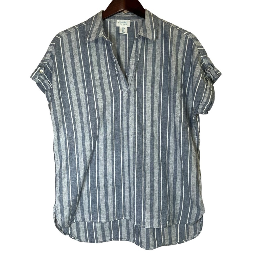 Sigrid Olsen Linen Cotton Blue Striped Popover Short Sleeve Top Sz Small Boho